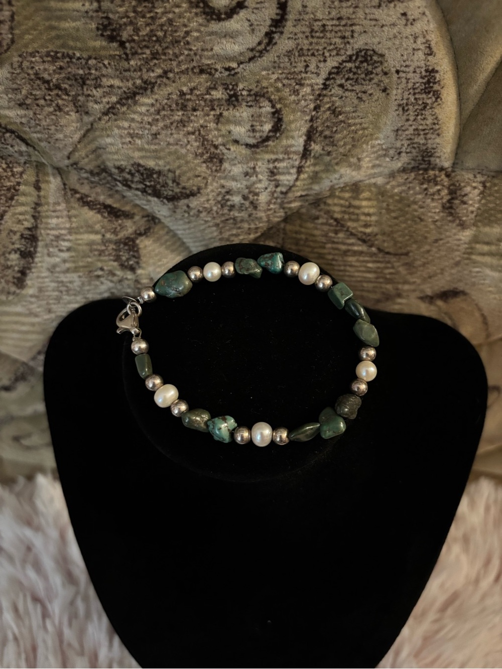 Carolyn Pollack 925 Sterling Silver Turquoise + Pearl Beaded Bracelet - 7 inches